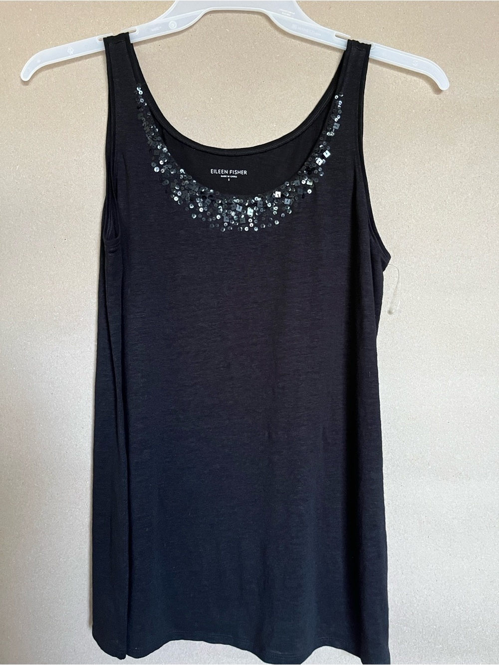 Eileen Fisher Black Linen Sequin Tank Top S — Quiet Luxury Evening Staple